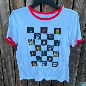 Vans x Marvel Tee Shirt Medium Ringer Checkered Superhero Spider-Man Iron Man